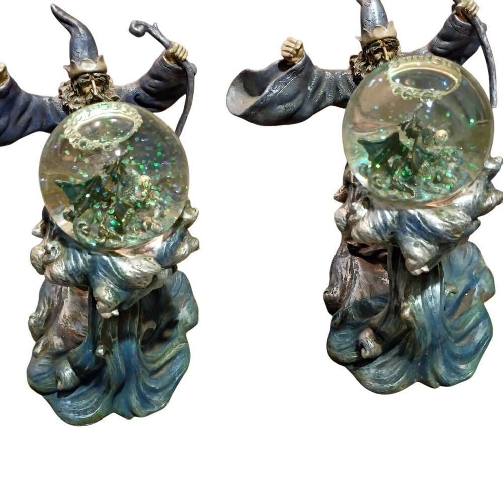 2 Vandor Vintage Wizard and Dragon Snow Globes Pewter'esqe Resin Figures